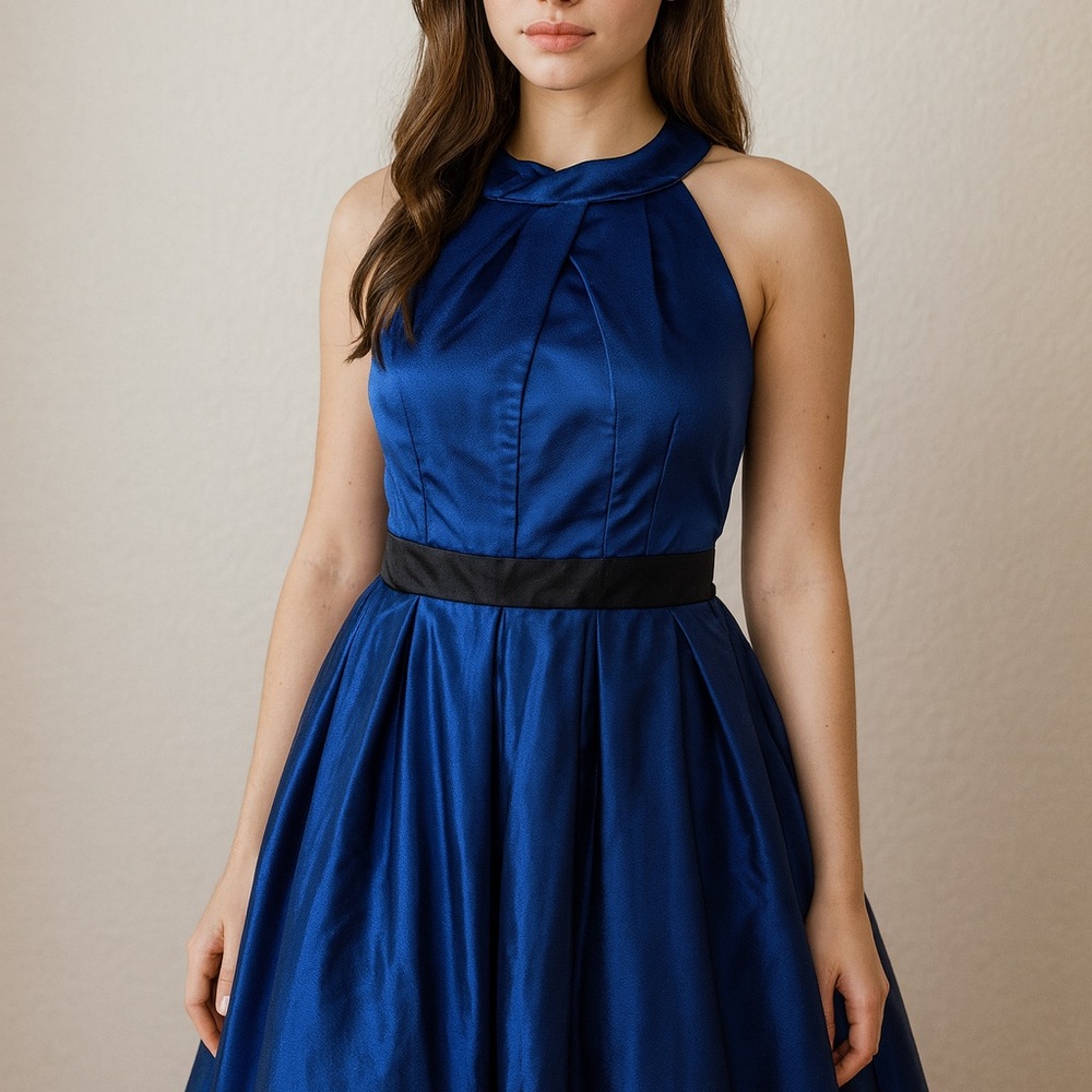 STYLEWE Elegant Royal Blue Satin Evening Gown with Black Waistband